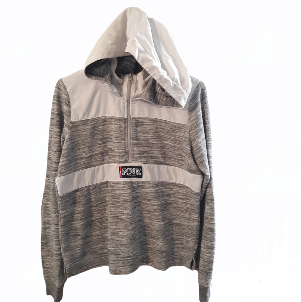 PINK Victoria Secret  Quarter Zip Hooded Sweatshirt Sz S/P Gray/White